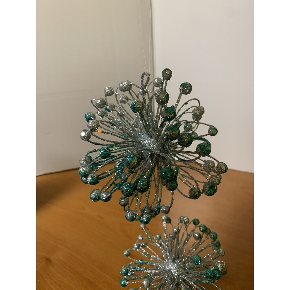 Lot Of 2 Star Burst Christmas Ornaments Silver And Blue  5”